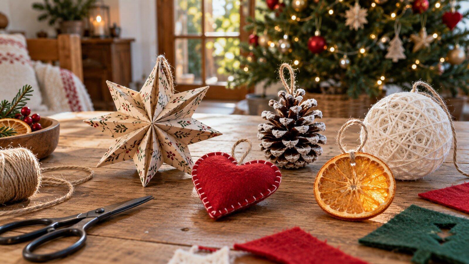 Adornos de Navidad caseros fáciles y bonitos Adornos navideños caseros terminados sobre una mesa de manualidades junto al árbol