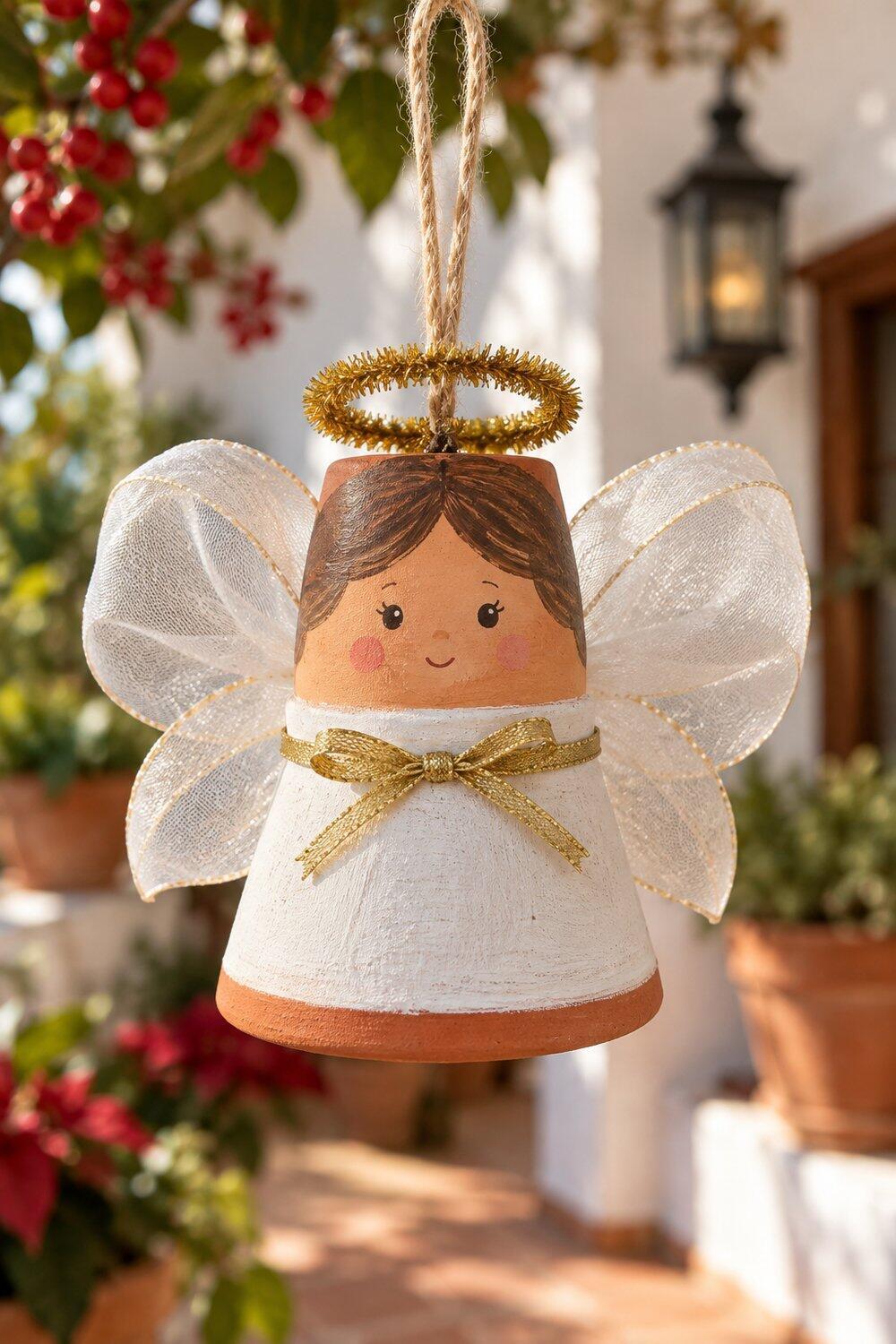 Ideas de Navidad con macetas de barro Ángel de maceta pintada con aureola dorada y alas de cinta
