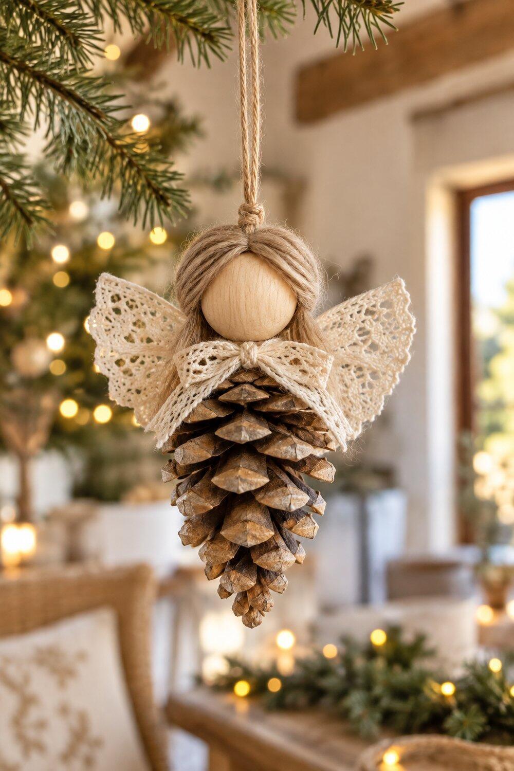 Decoración navideña natural con ramas, piñas y madera Ángel de piña con cabeza de madera y alas de encaje