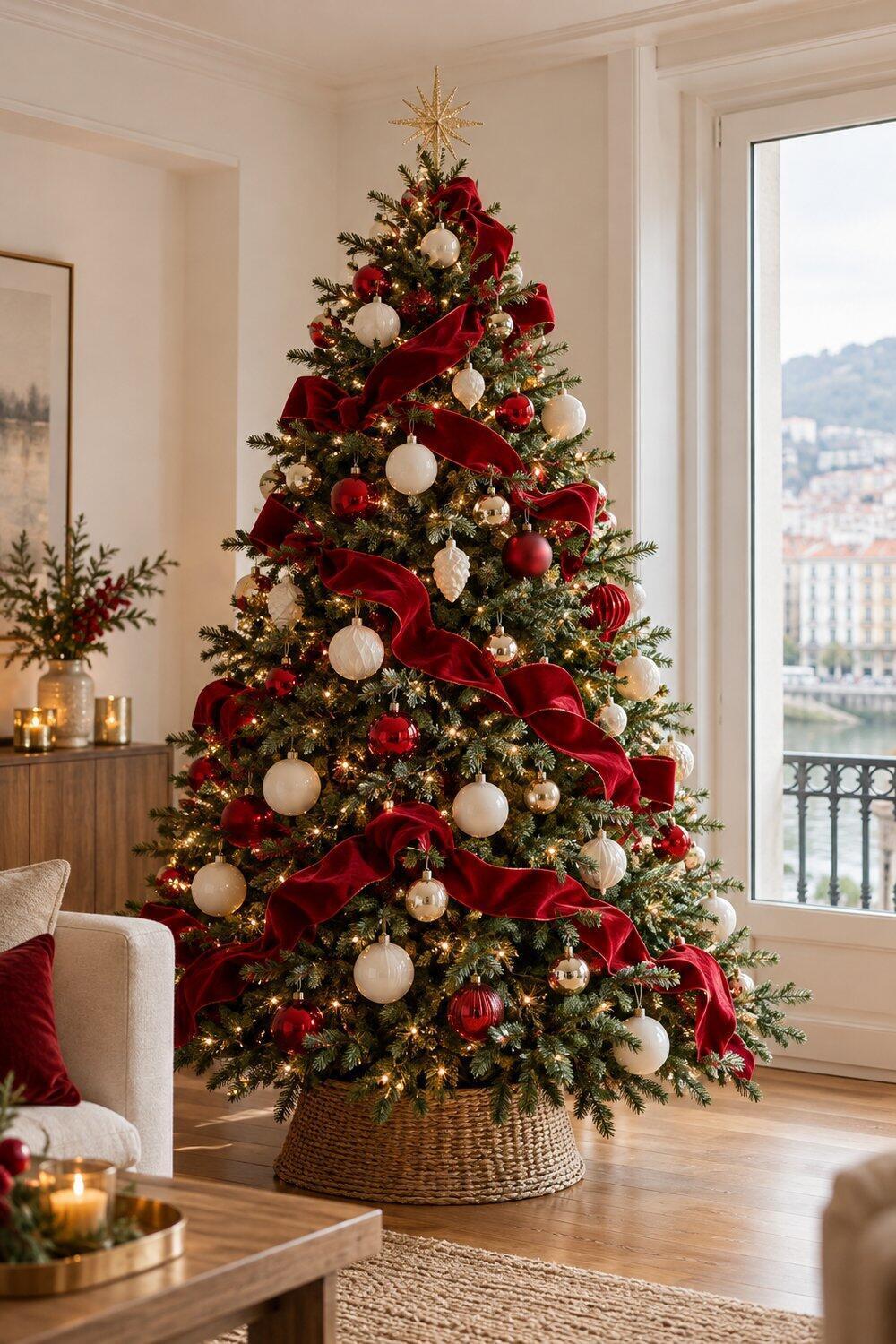 &Aacute;rbol navide&ntilde;o con cinta roja, bolas blancas y peque&ntilde;os adornos dorados