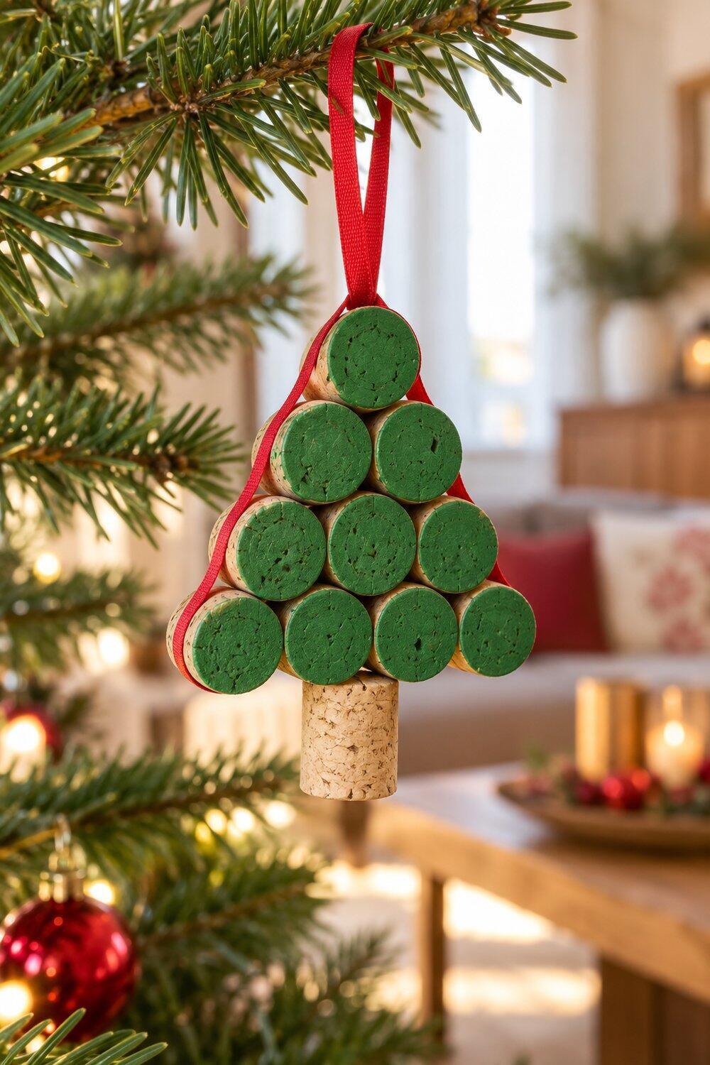 Adornos de Navidad caseros fáciles y bonitos Árbol triangular de corchos verdes con tronco natural y cinta roja