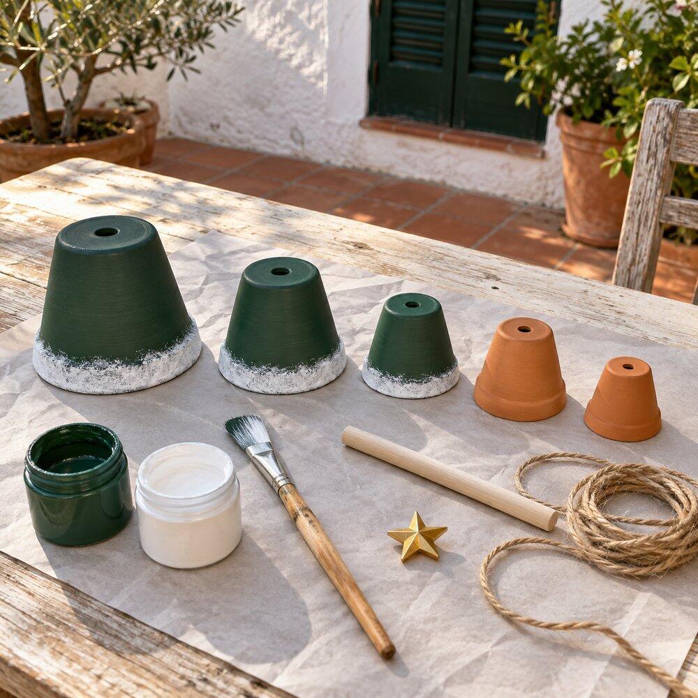 Ideas de Navidad con macetas de barro Macetas pintadas de verde con bordes blancos que imitan nieve