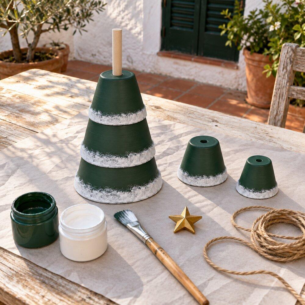 Ideas de Navidad con macetas de barro Macetas verdes apiladas y ensartadas sobre una varilla de madera