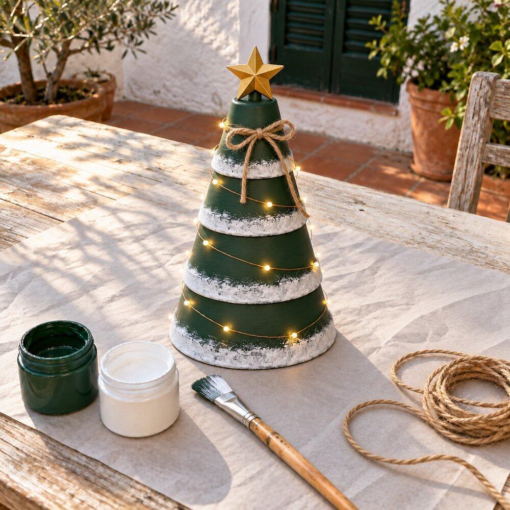 Ideas de Navidad con macetas de barro Árbol de macetas terminado con estrella y guirnalda de luces