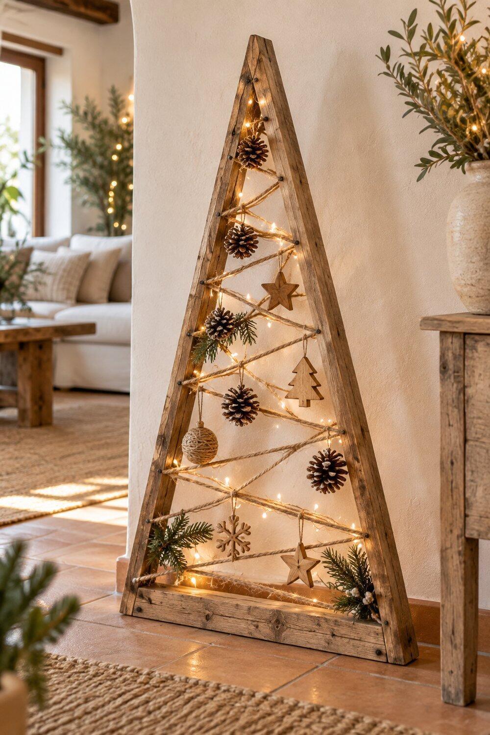 Decoración navideña natural con ramas, piñas y madera Árbol de tablas de palé con entramado de yute y luces LED