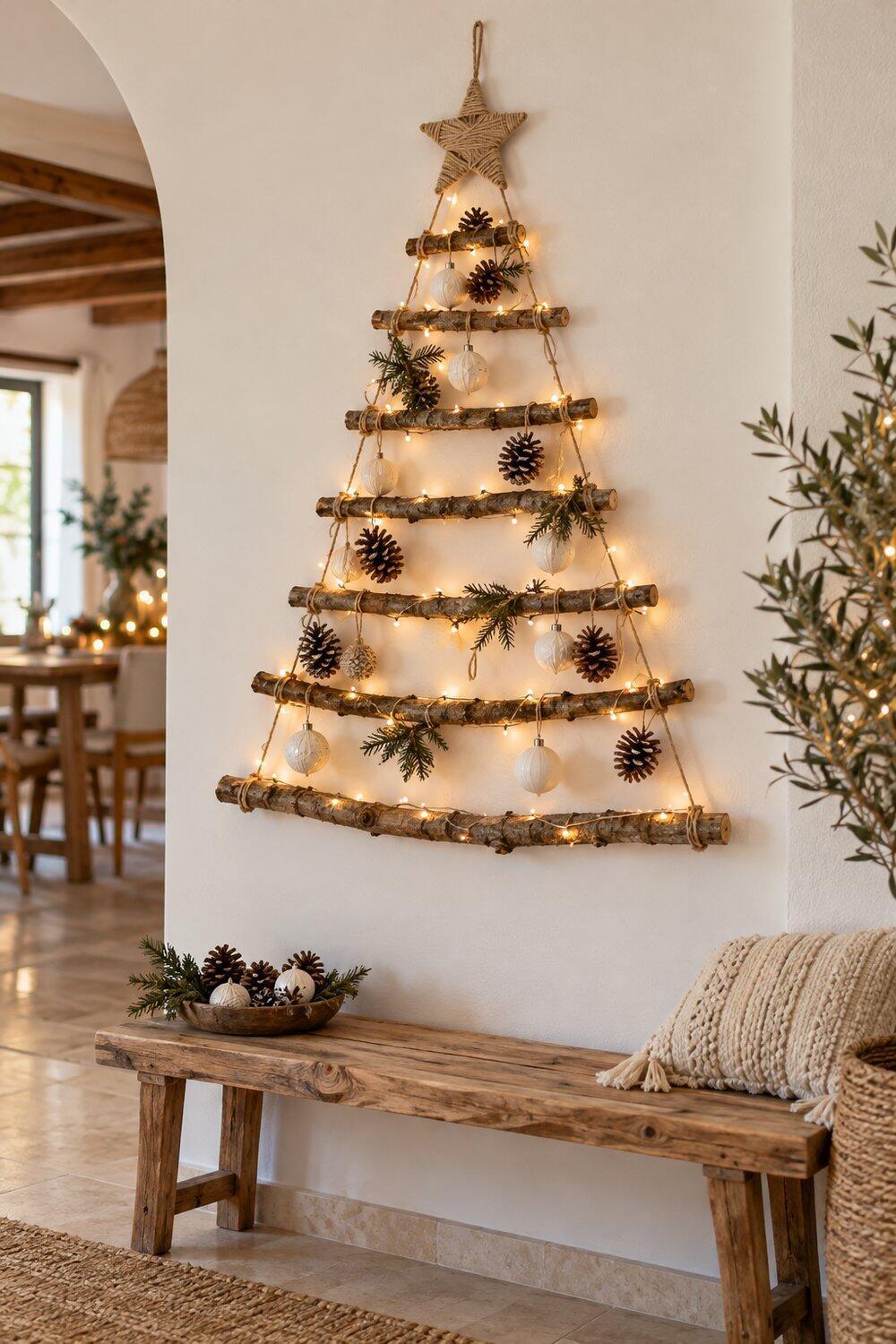 Decoración navideña natural con ramas, piñas y madera Árbol de ramas atadas con piñas y luces LED sobre pared blanca
