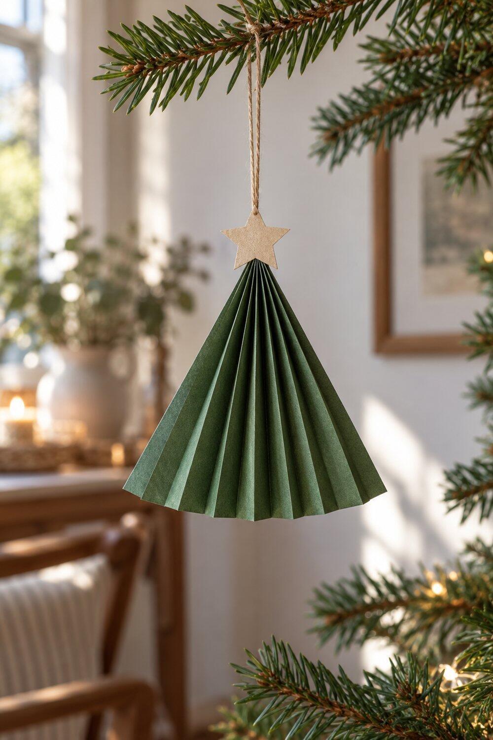 Adornos de Navidad caseros fáciles y bonitos Arbolito de papel verde doblado en abanico con cordón para colgar