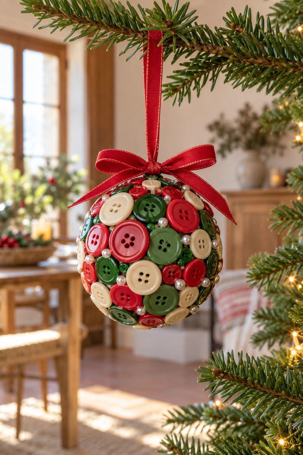 Adornos de Navidad caseros fáciles y bonitos Bola de botones superpuestos de colores con cinta para colgar