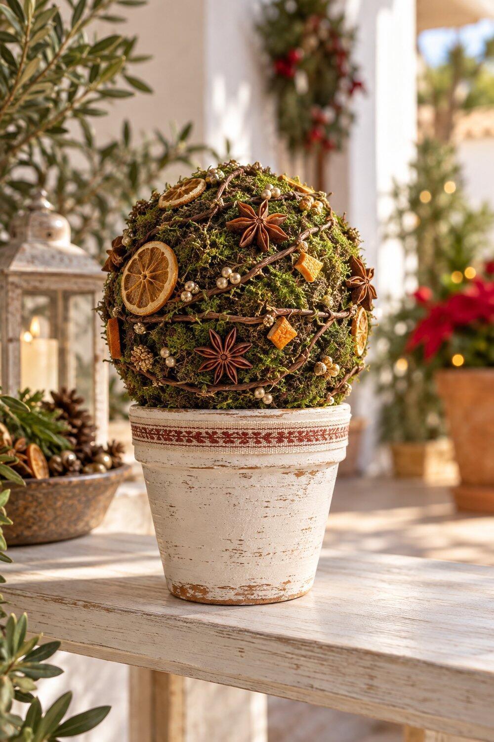 Ideas de Navidad con macetas de barro Bola de musgo con anís y naranja seca en maceta blanca