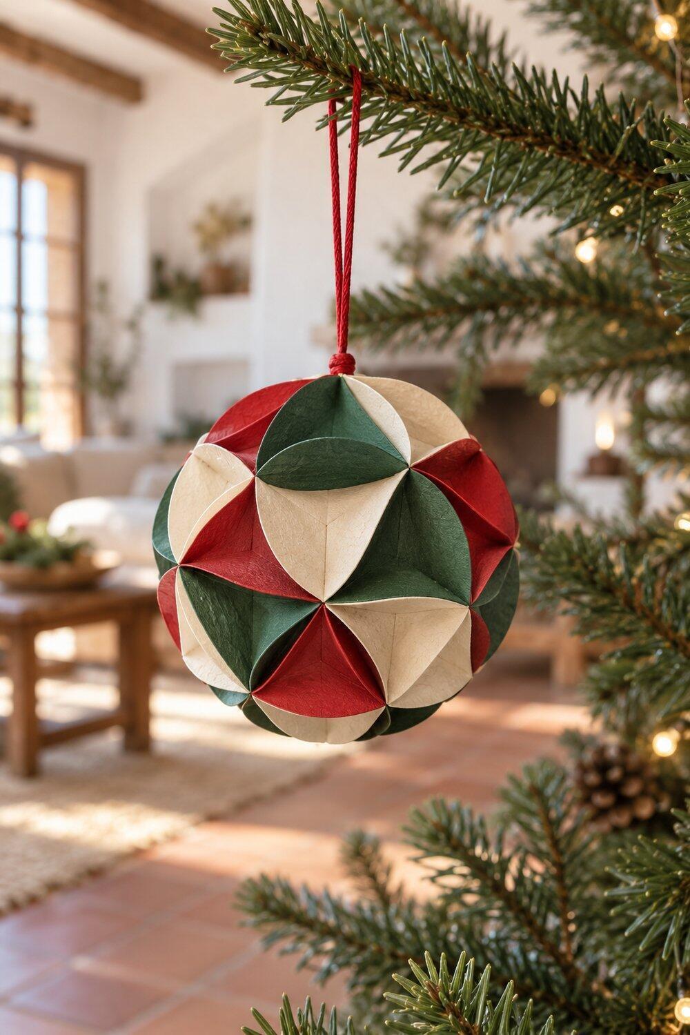 Adornos de Navidad caseros fáciles y bonitos Bola de papel rojo y verde con pequeñas caras triangulares