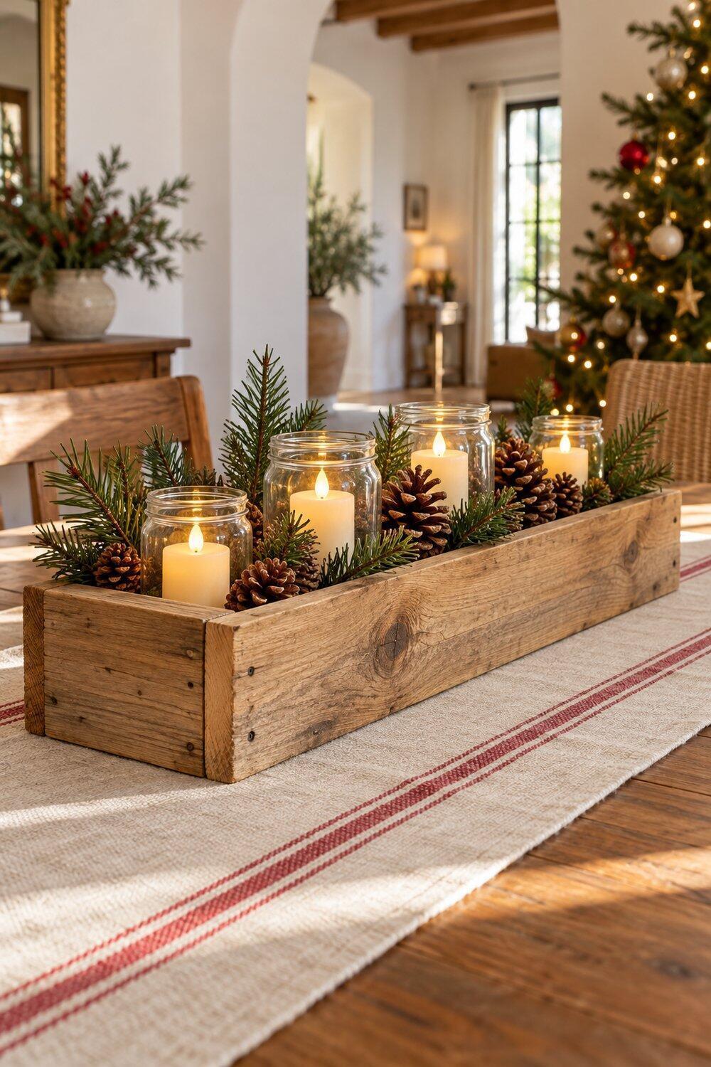 Decoración navideña natural con ramas, piñas y madera Caja de madera rústica con piñas ramas verdes y velas LED