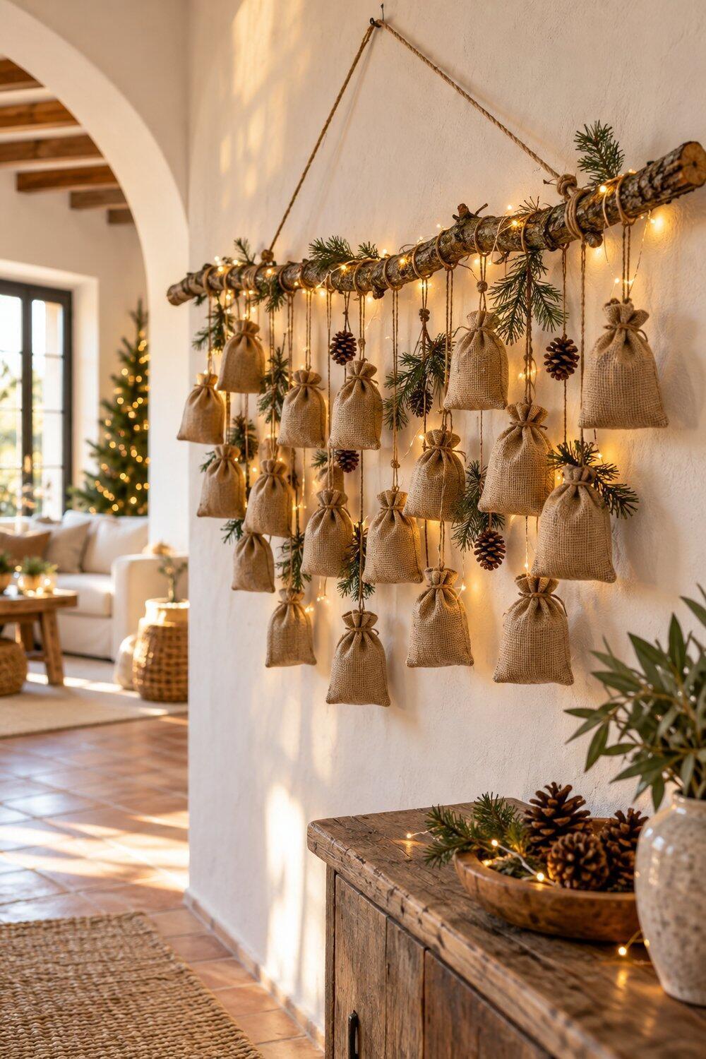 Decoración navideña natural con ramas, piñas y madera Calendario de Adviento con bolsitas de saco colgadas de una rama