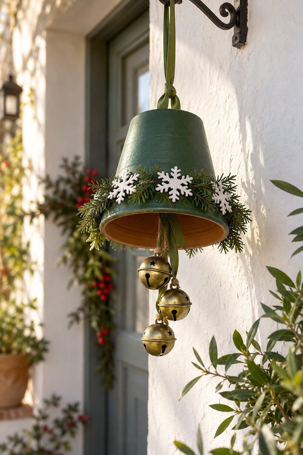 Ideas de Navidad con macetas de barro Campana de maceta con cascabeles junto a una puerta de entrada