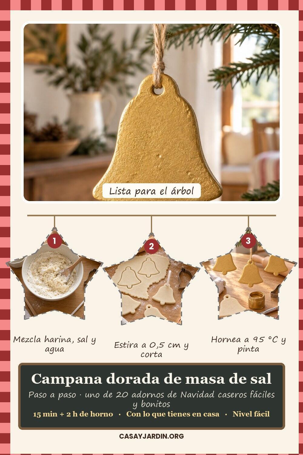 Adornos de Navidad caseros fáciles y bonitos Paso a paso de la campana dorada de masa de sal: mezcla, estira y corta, hornea y pinta