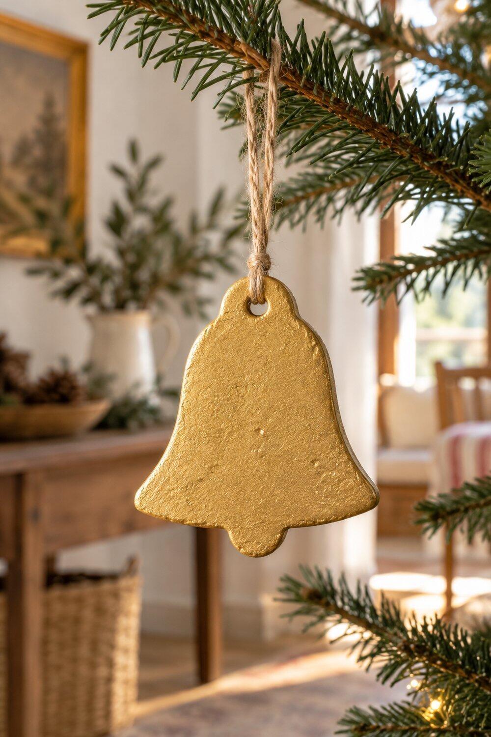 Adornos de Navidad caseros fáciles y bonitos Campana dorada de masa de sal con cordel para colgar