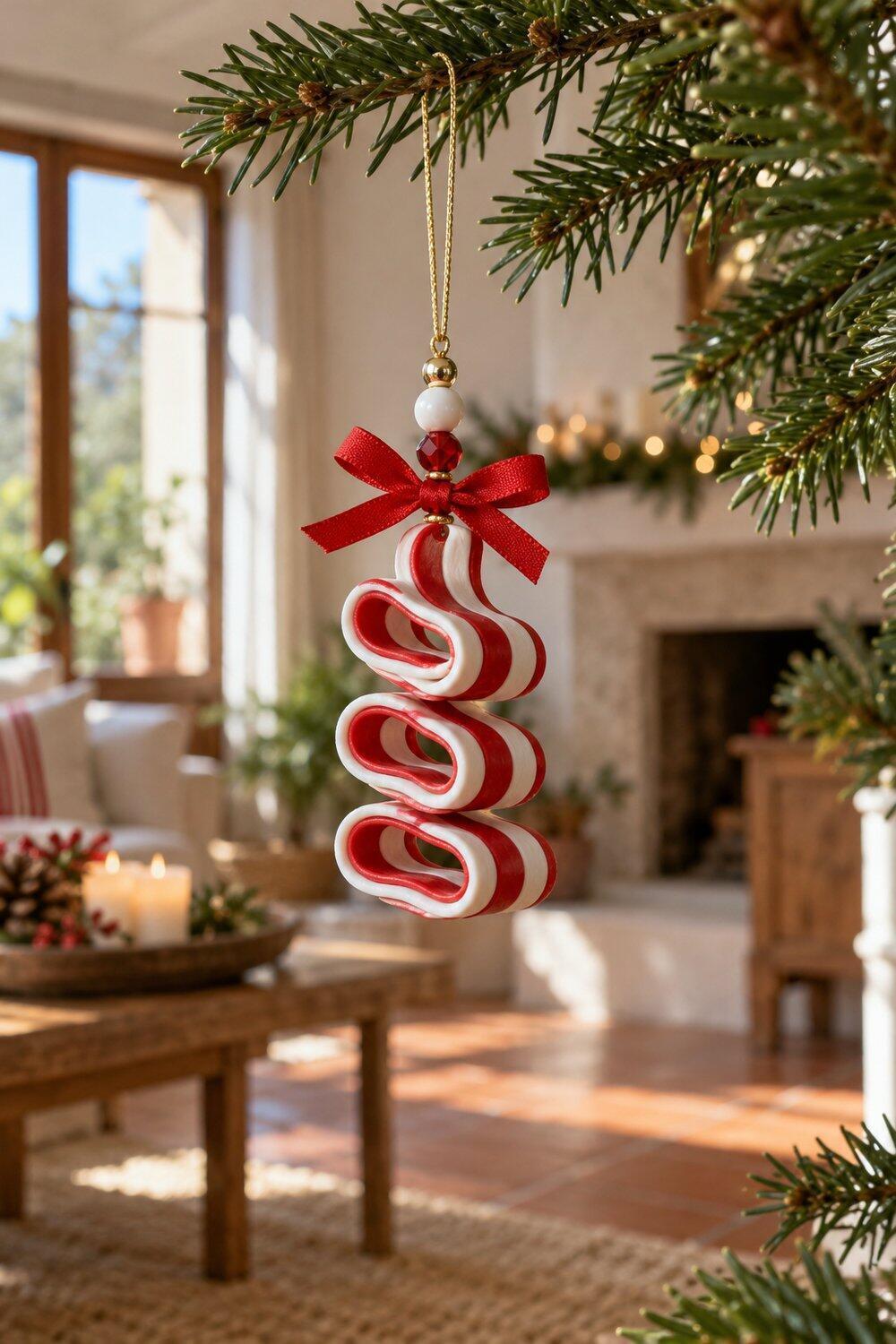 Adornos de Navidad caseros fáciles y bonitos Caramelo ondulado de arcilla roja y blanca con cuentas y cinta