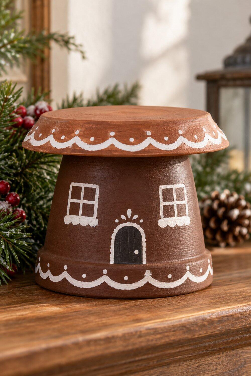 Ideas de Navidad con macetas de barro Casita navideña de maceta marrón con tejado de plato y nieve