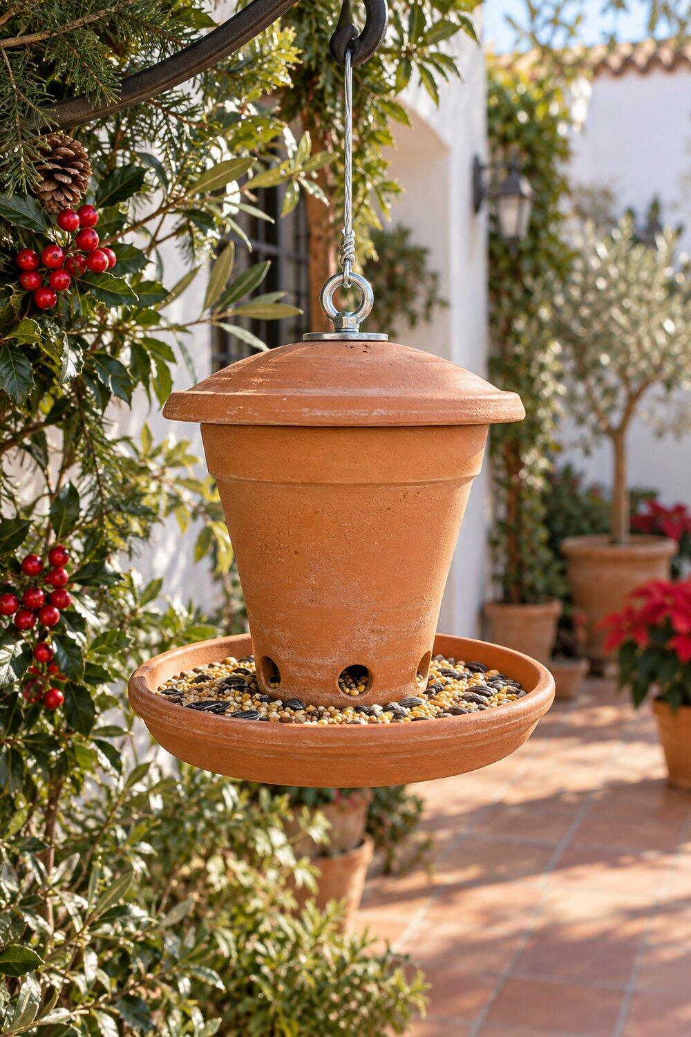 Ideas de Navidad con macetas de barro Comedero de barro con platos y semillas colgado en un patio