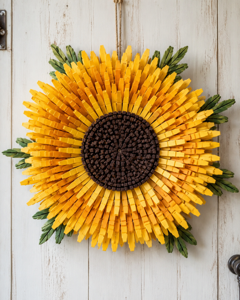 Cómo crear una hermosa corona de girasoles usando pinzas para la ropa Cómo crear una hermosa corona de girasoles usando pinzas para la ropa como crear una hermosa corona de girasoles usando pinzas para la ropa 2