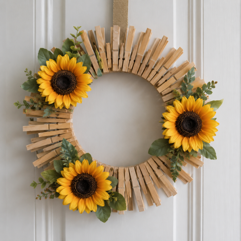 Cómo crear una hermosa corona de girasoles usando pinzas para la ropa Cómo crear una hermosa corona de girasoles usando pinzas para la ropa como crear una hermosa corona de girasoles usando pinzas para la ropa 4