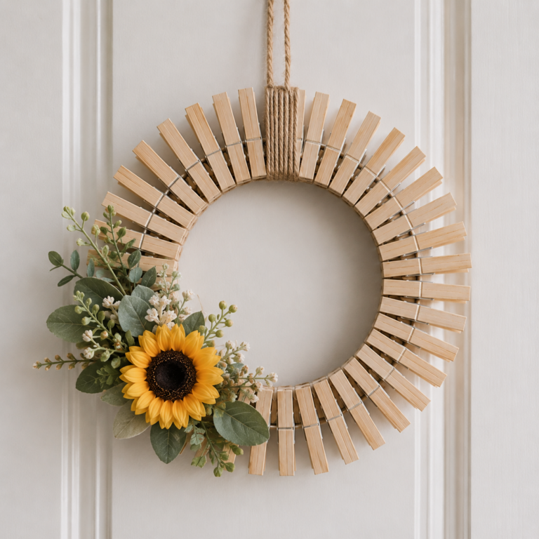 Cómo crear una hermosa corona de girasoles usando pinzas para la ropa Cómo crear una hermosa corona de girasoles usando pinzas para la ropa como crear una hermosa corona de girasoles usando pinzas para la ropa 5