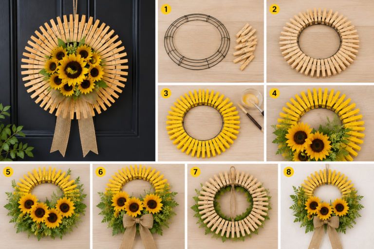 Cómo crear una hermosa corona de girasoles usando pinzas para la ropa Cómo crear una hermosa corona de girasoles usando pinzas para la ropa como crear una hermosa corona de girasoles usando pinzas para la ropa 6