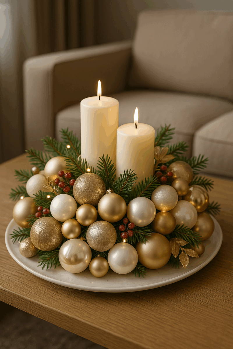 como hacer un centro de mesa navideno con esferas 9