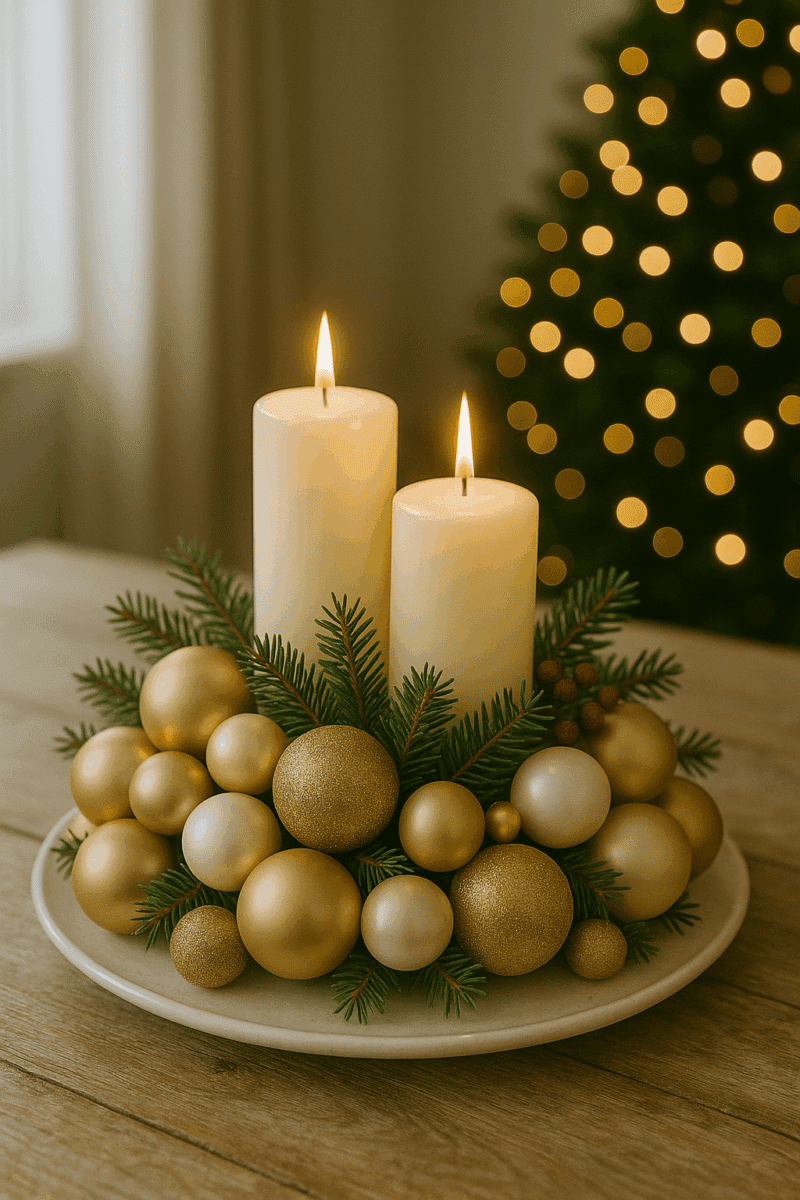 como hacer un centro de mesa navideno con esferas