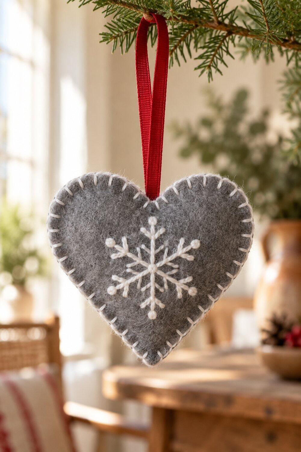 Adornos de Navidad caseros fáciles y bonitos Corazón de fieltro gris con copo blanco bordado y festón