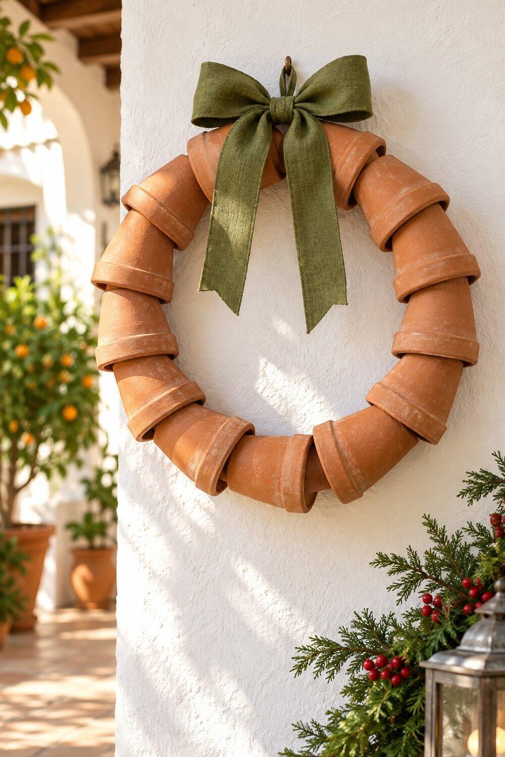 Ideas de Navidad con macetas de barro Corona de macetas pequeñas de terracota con un lazo verde