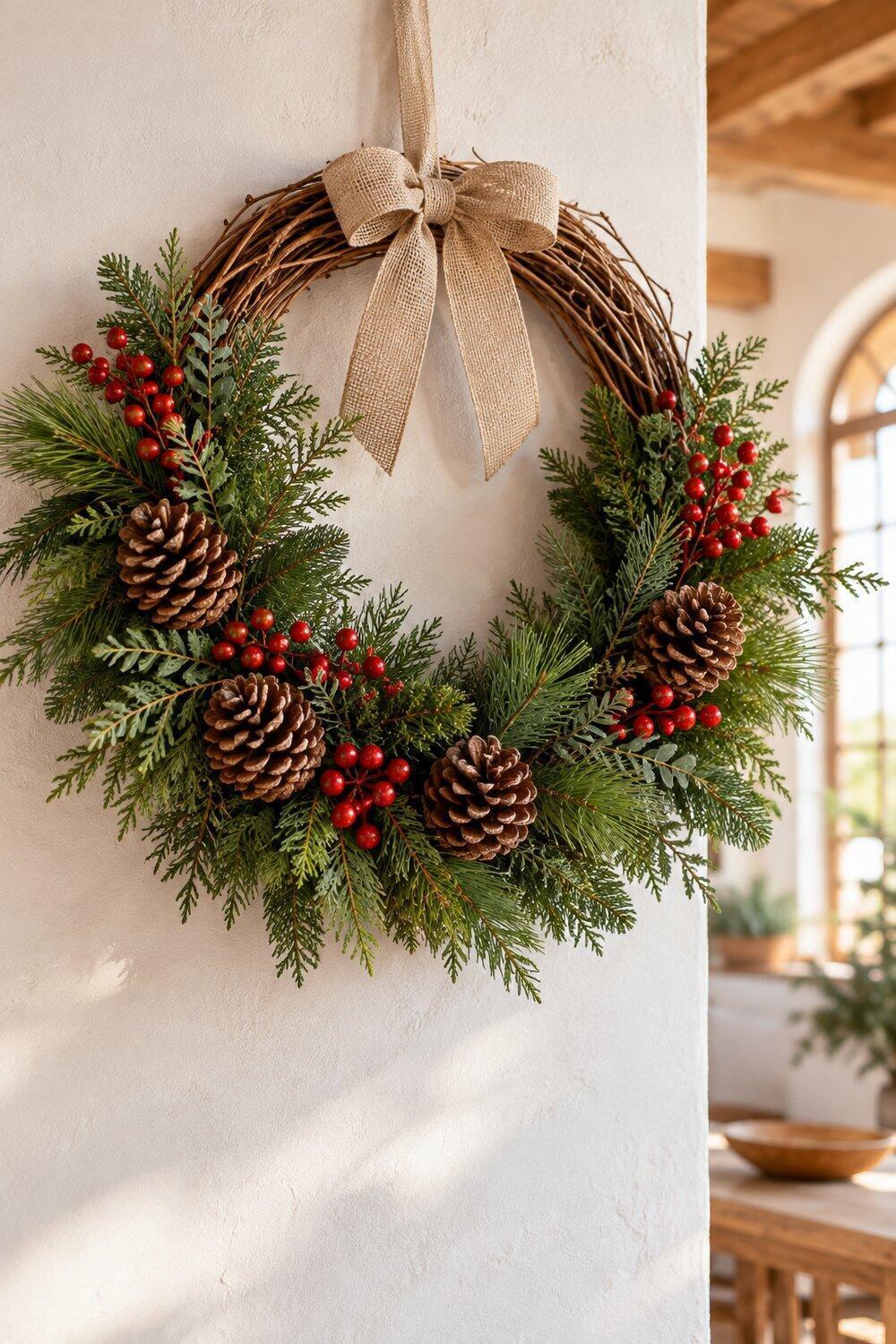 Decoración navideña natural con ramas, piñas y madera Corona de ramas de pino con piñas bayas y lazo de yute