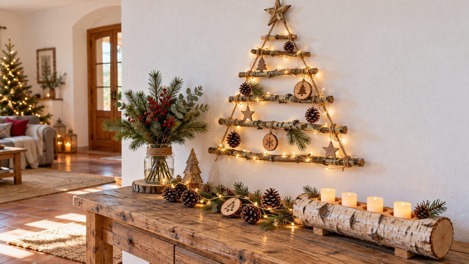 Decoración navideña natural con ramas, piñas y madera Árbol de ramas con luces LED y adornos naturales sobre mesa rústica