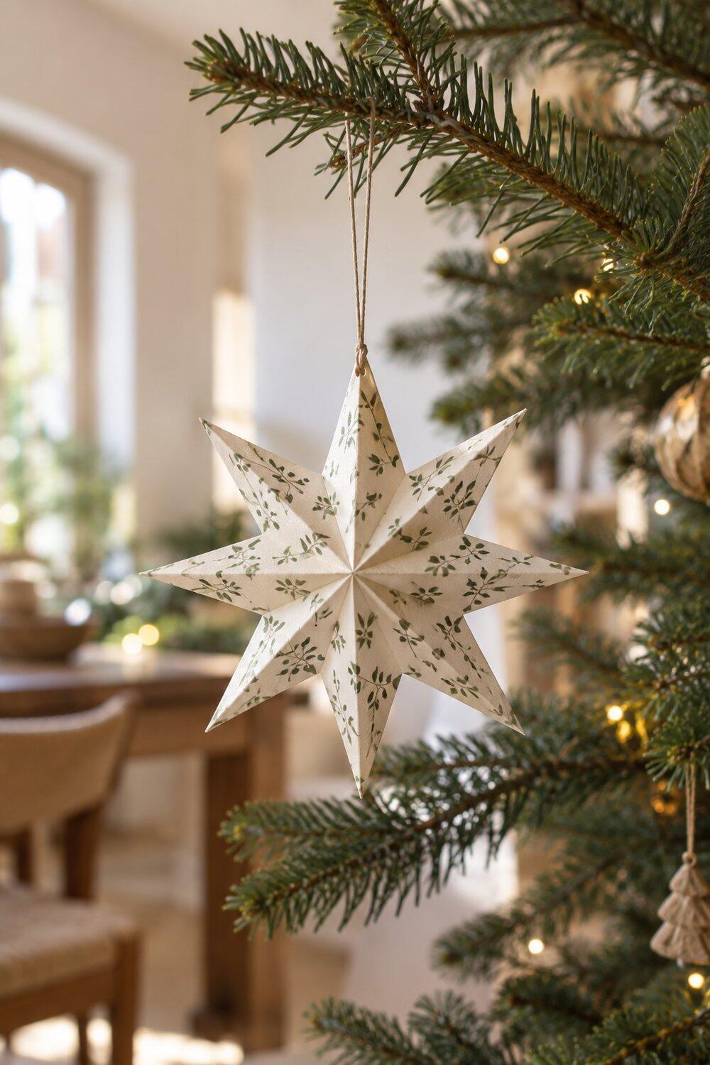 Adornos de Navidad caseros fáciles y bonitos Estrella de papel estampado con puntas plegadas colgada del árbol