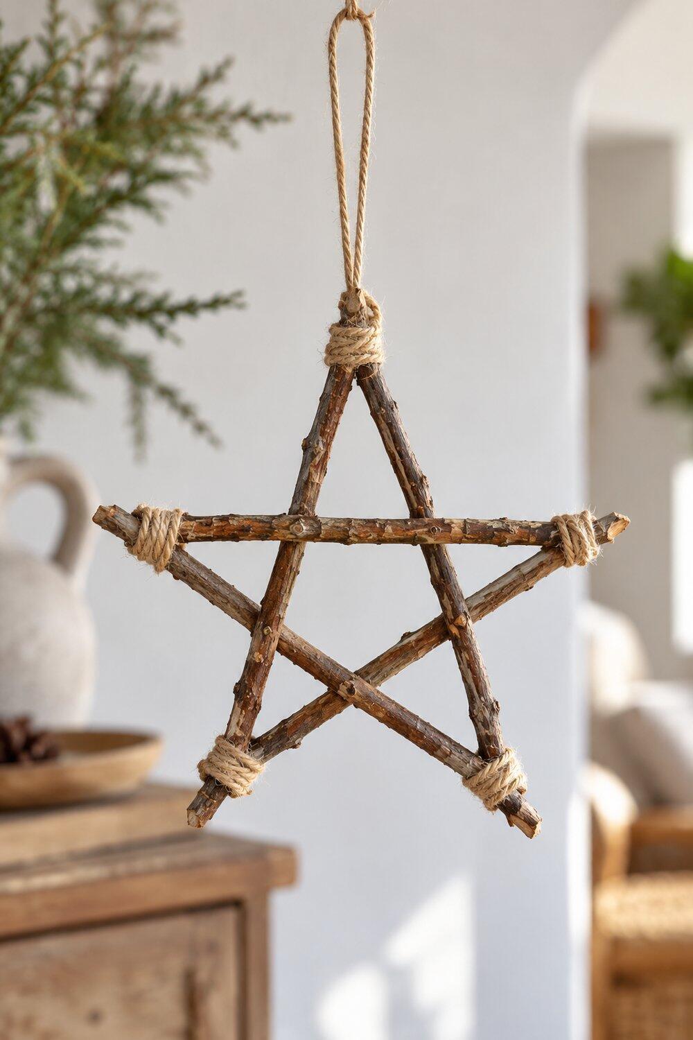 Adornos de Navidad caseros fáciles y bonitos Estrella abierta de ramas con corteza atadas mediante cordel natural