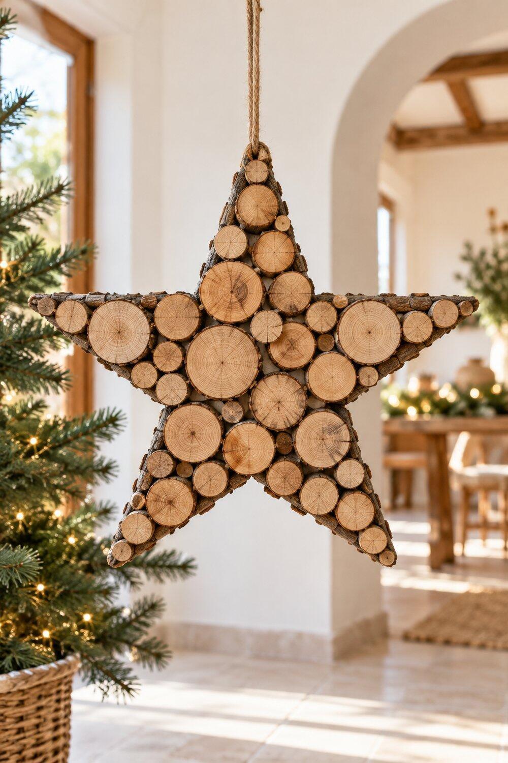 Decoración navideña natural con ramas, piñas y madera Estrella de secciones de rama con corteza colgada de una cuerda