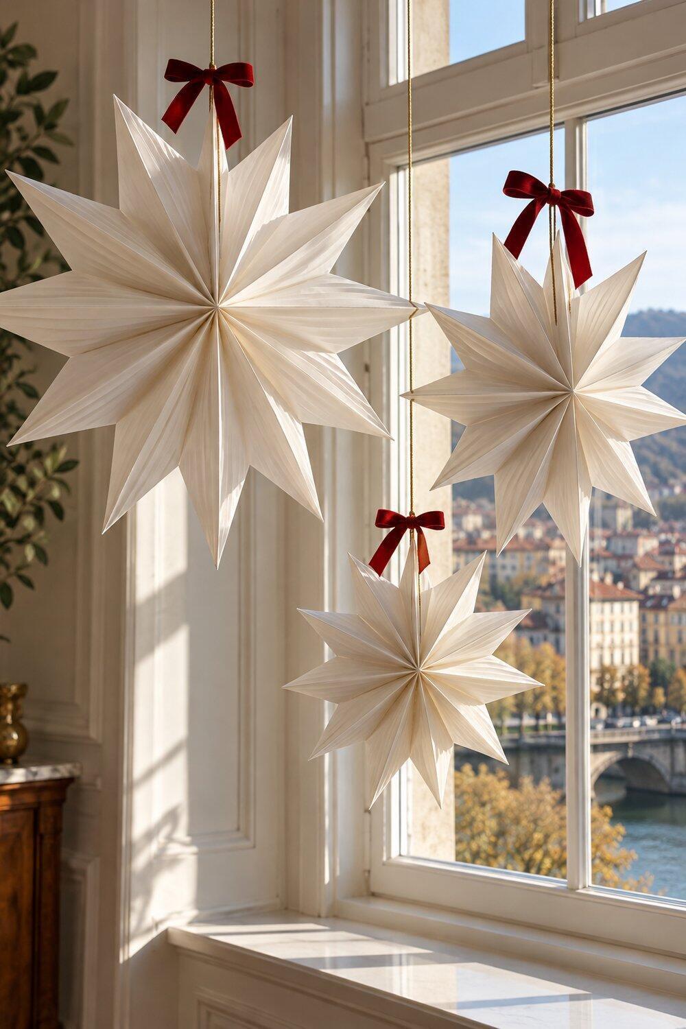Estrellas blancas de papel plegado junto a la ventana con lazos rojos