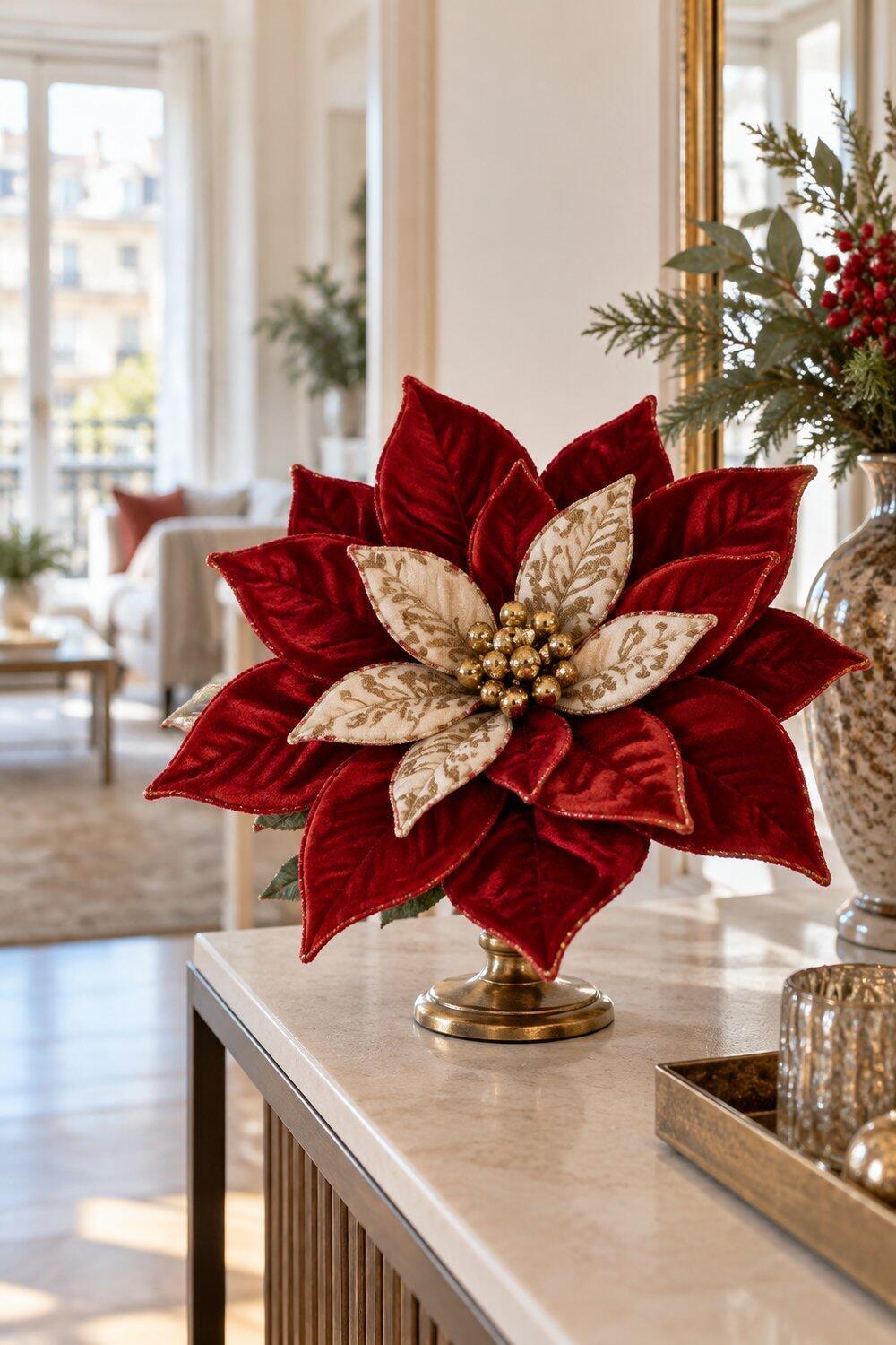 Flor de Pascua con p&eacute;talos rojos y crema y centro dorado