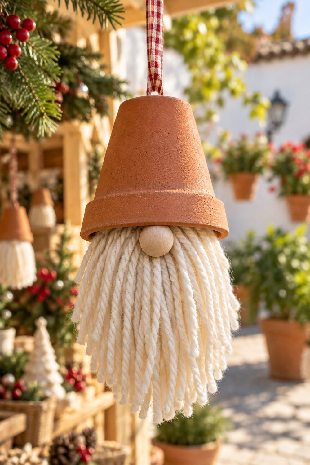 Ideas de Navidad con macetas de barro Gnomo de maceta invertida con barba de lana y nariz redonda