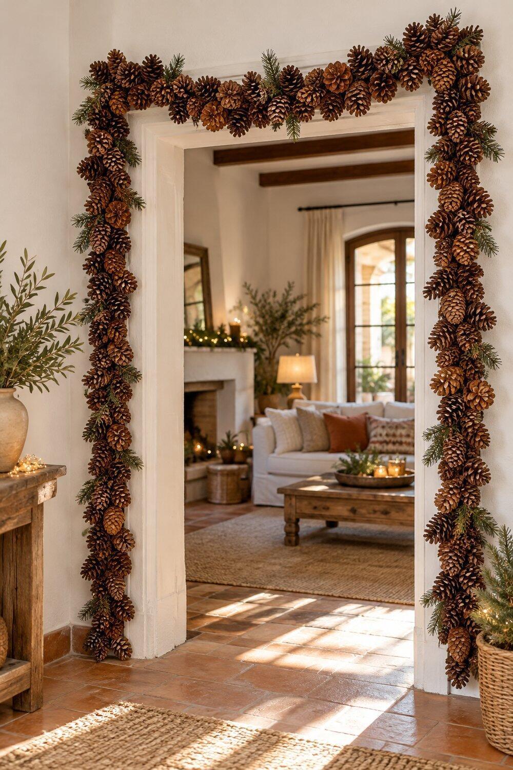 Decoración navideña natural con ramas, piñas y madera Guirnalda de piñas naturales unidas con alambre sobre cordel rústico