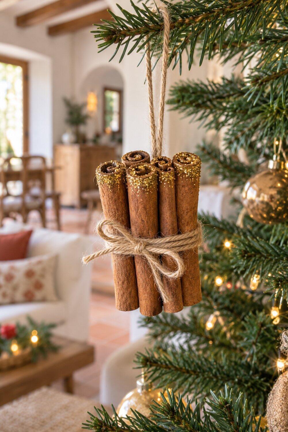 Adornos de Navidad caseros fáciles y bonitos Hatillo de canela con lazo de cordel y puntas doradas