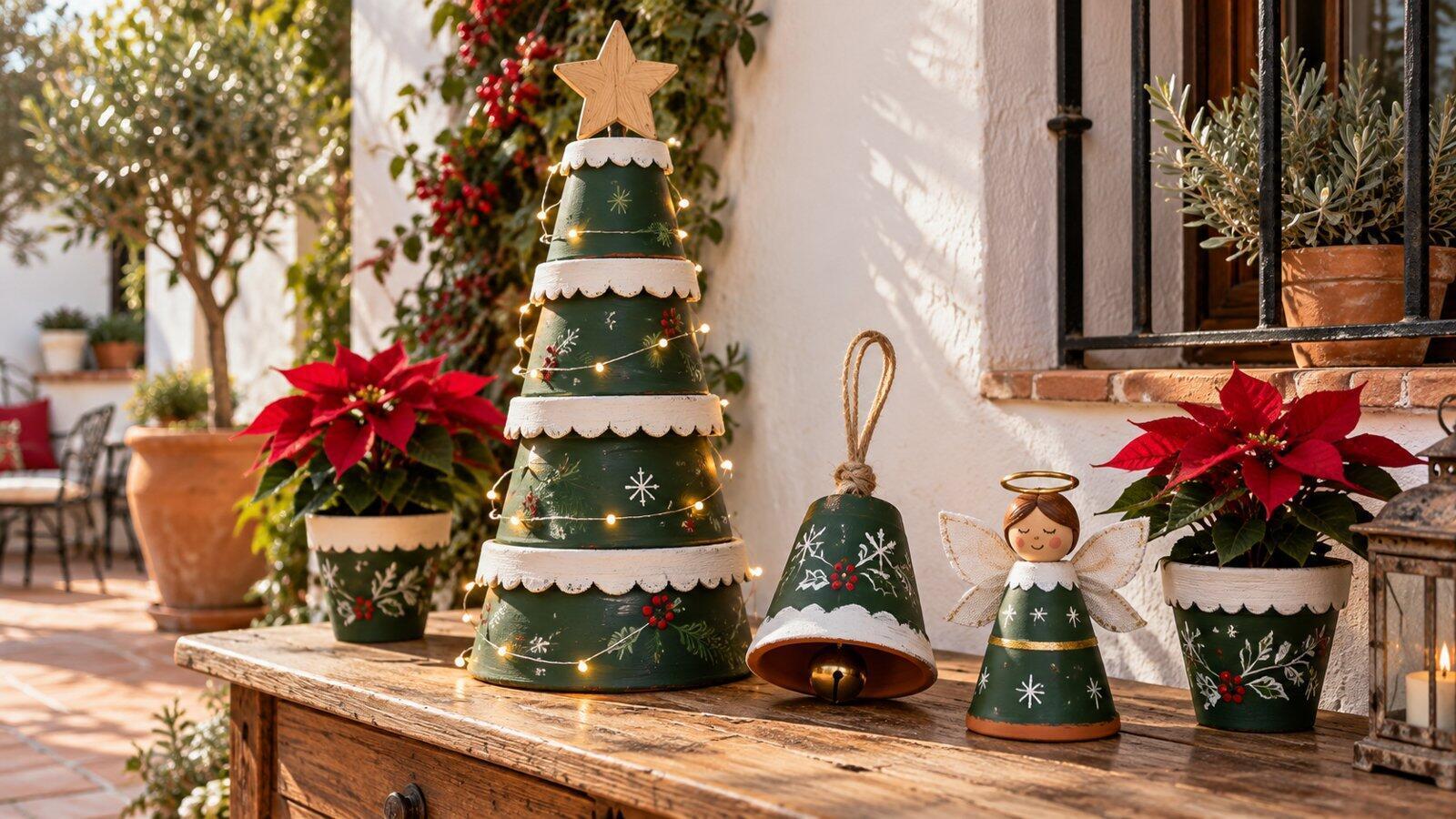 Ideas de Navidad con macetas de barro Árbol de macetas, campana, ángel y flores de Pascua en un patio navideño