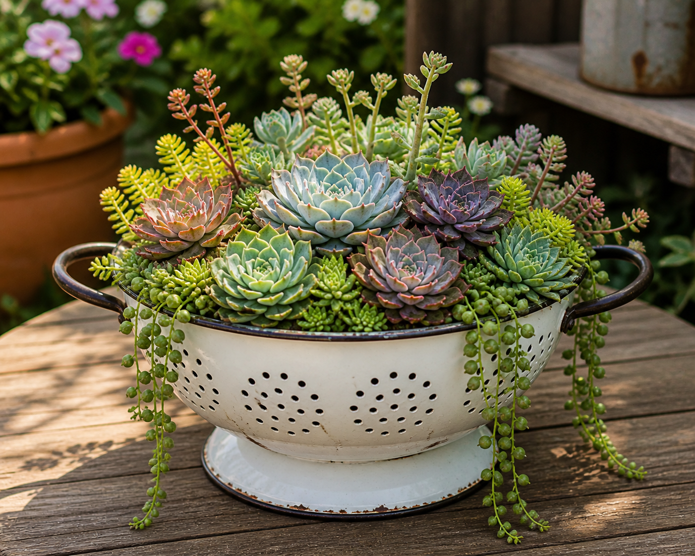 Ideas para usar suculentas en coladores de cocina: decoración reciclada con encanto natural Ideas para usar suculentas en coladores de cocina: decoración reciclada con encanto natural ideas para usar suculentas en coladores de cocina 1