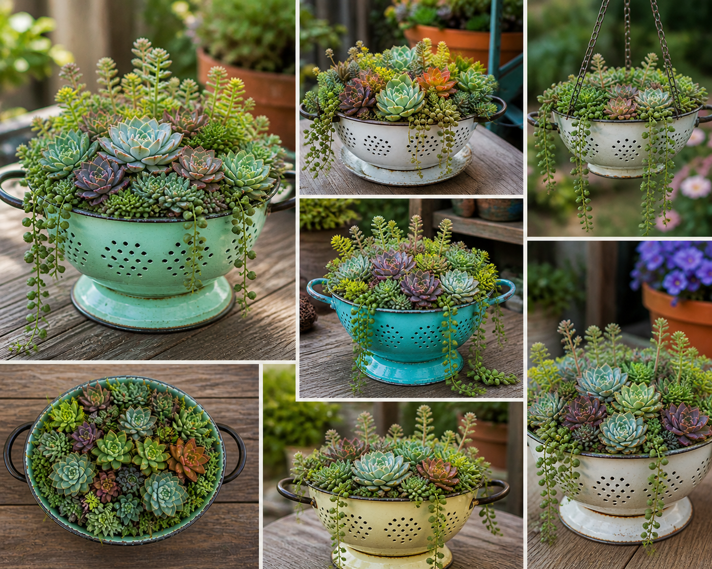 Ideas para usar suculentas en coladores de cocina: decoración reciclada con encanto natural Ideas para usar suculentas en coladores de cocina: decoración reciclada con encanto natural ideas para usar suculentas en coladores de cocina 3