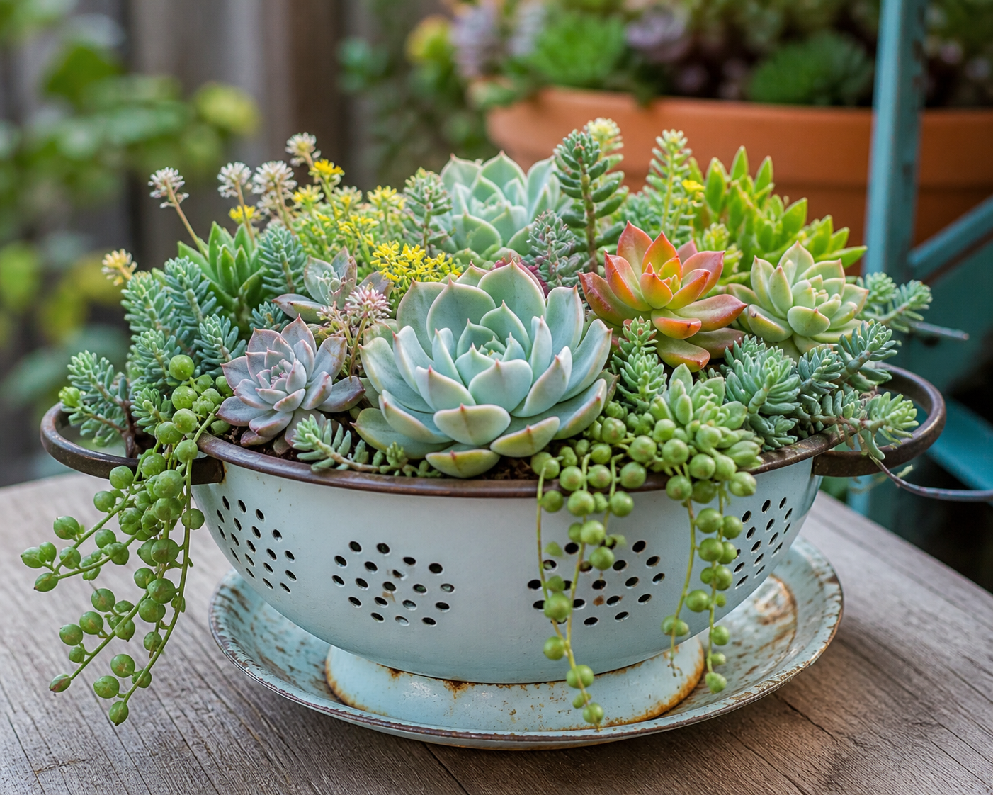 Ideas para usar suculentas en coladores de cocina: decoración reciclada con encanto natural Ideas para usar suculentas en coladores de cocina: decoración reciclada con encanto natural ideas para usar suculentas en coladores de cocina 6