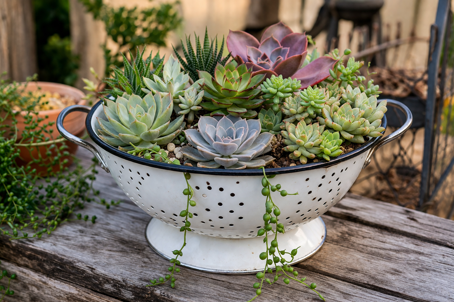 Ideas para usar suculentas en coladores de cocina: decoración reciclada con encanto natural Ideas para usar suculentas en coladores de cocina: decoración reciclada con encanto natural ideas para usar suculentas en coladores de cocina 7