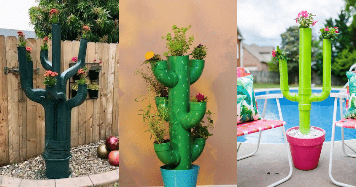 jardineras con forma de cactus fabricadas con tubos de pvc