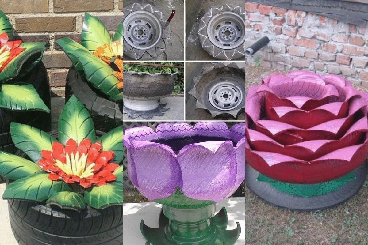 jardineras de flores hechas de neumaticos