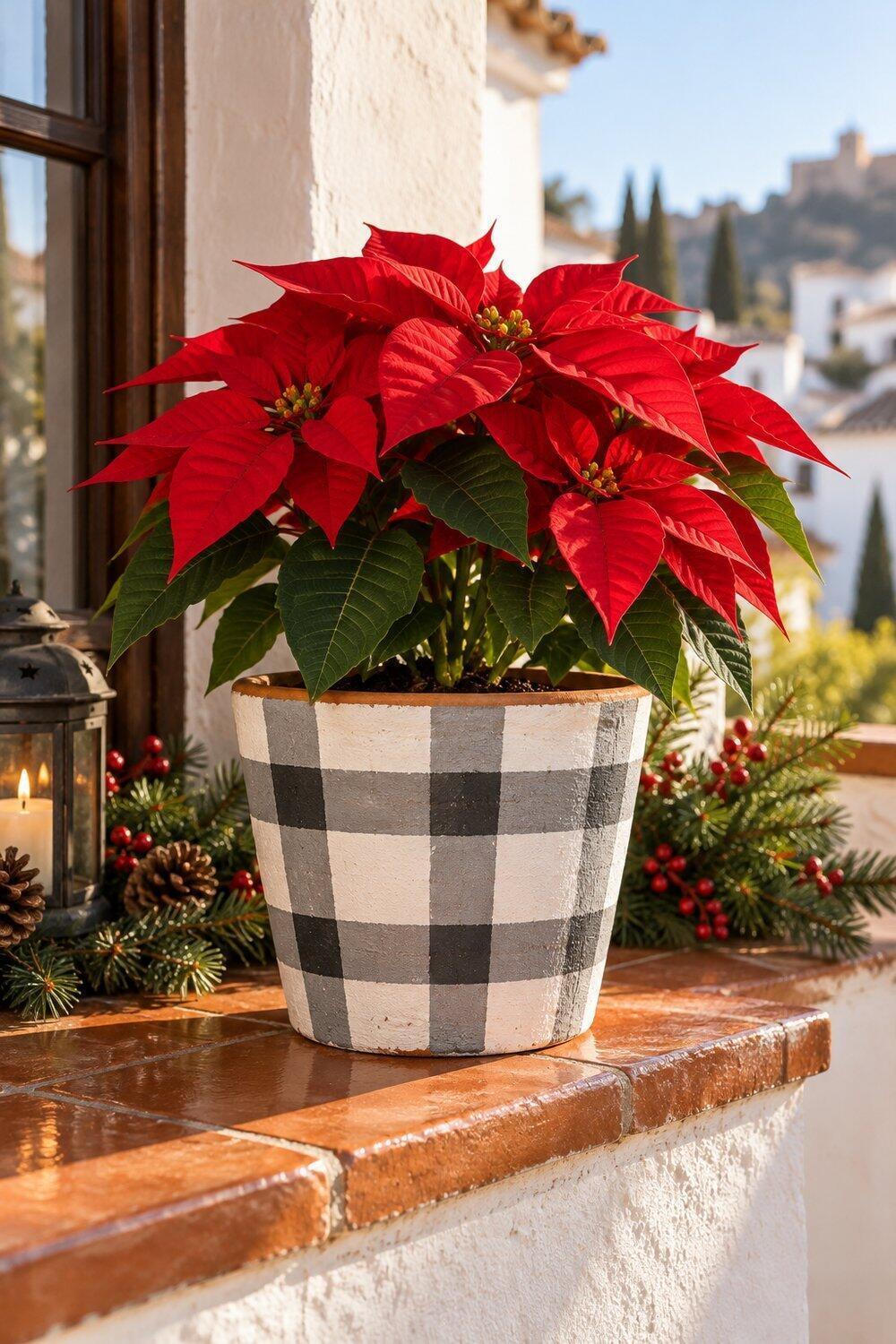 Ideas de Navidad con macetas de barro Flor de Pascua roja en maceta pintada de cuadros blancos y negros