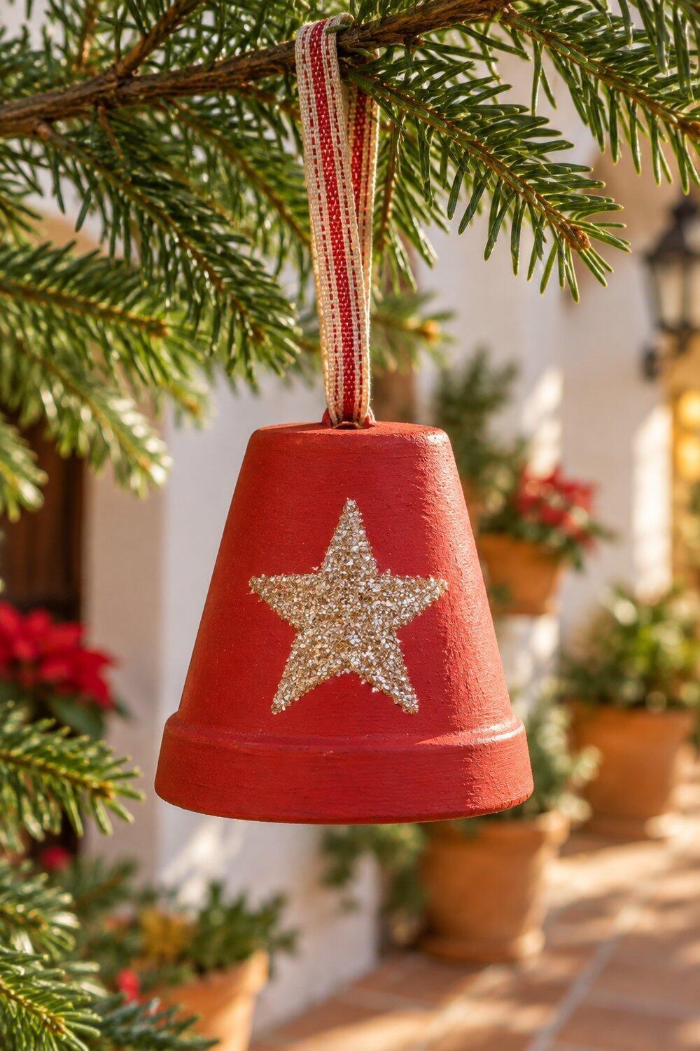 Ideas de Navidad con macetas de barro Maceta roja con estrella de purpurina colgada de una rama navideña