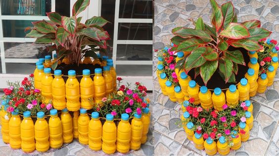 macizos de flores hechos botellas de colores 2